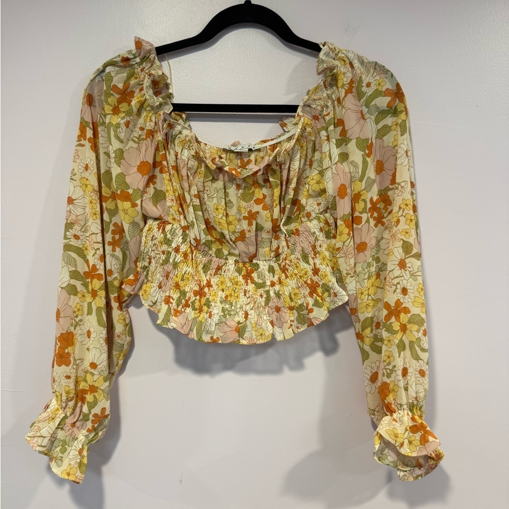 Hyfve boutique yellow pink floral off‎ the shoulder longsleeve lightweight crop